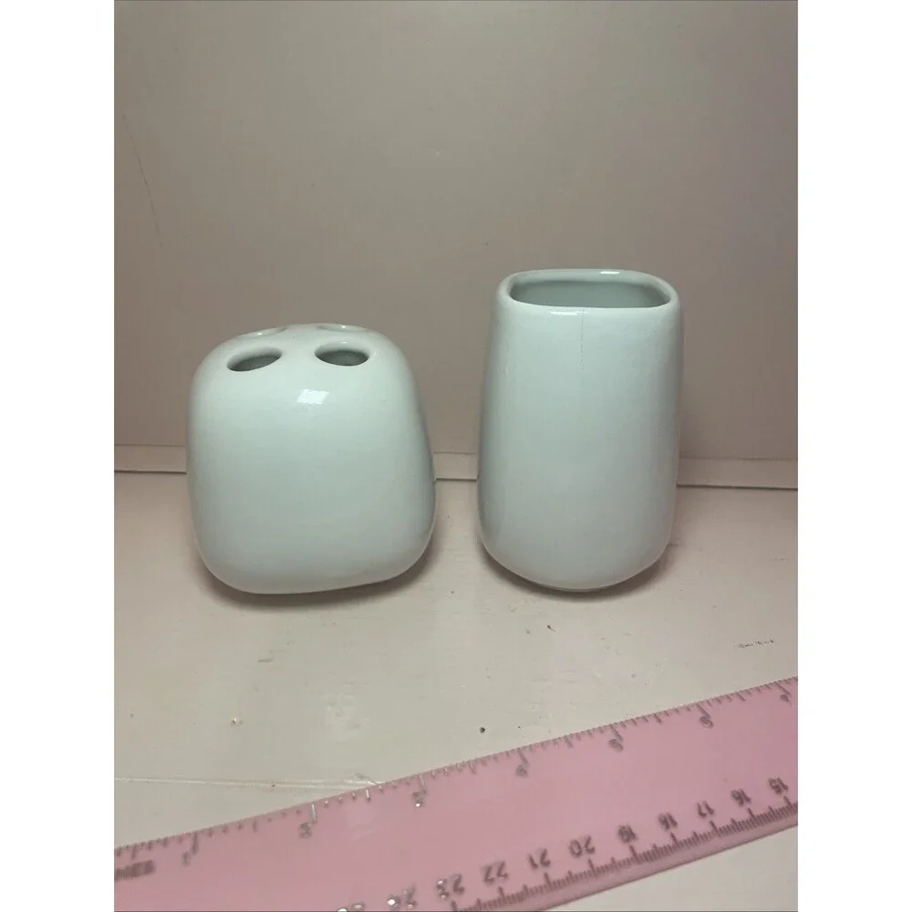 Vtg Restroom Granny Decor 2 Pc Ceramic Toothbrush Holder Cup Pink Cottagecore